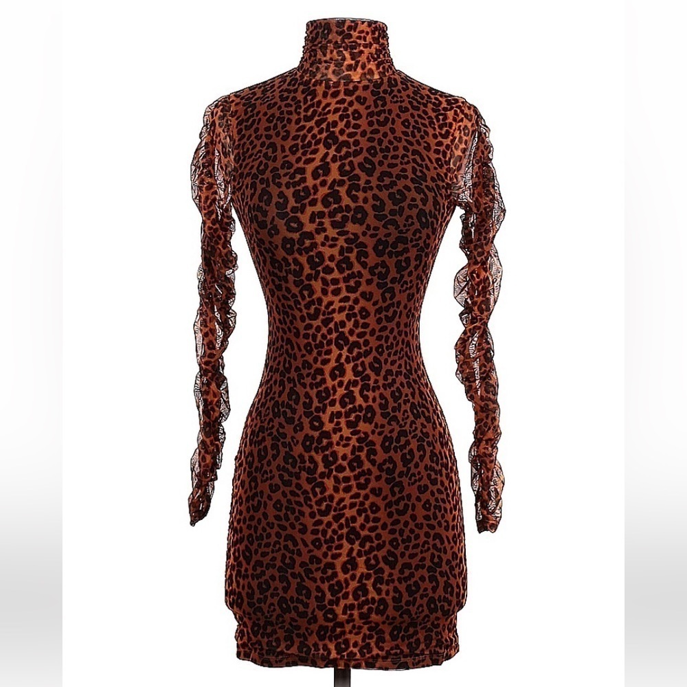 H:OURS orange leopard long sleeve high neck bodycon mini dress